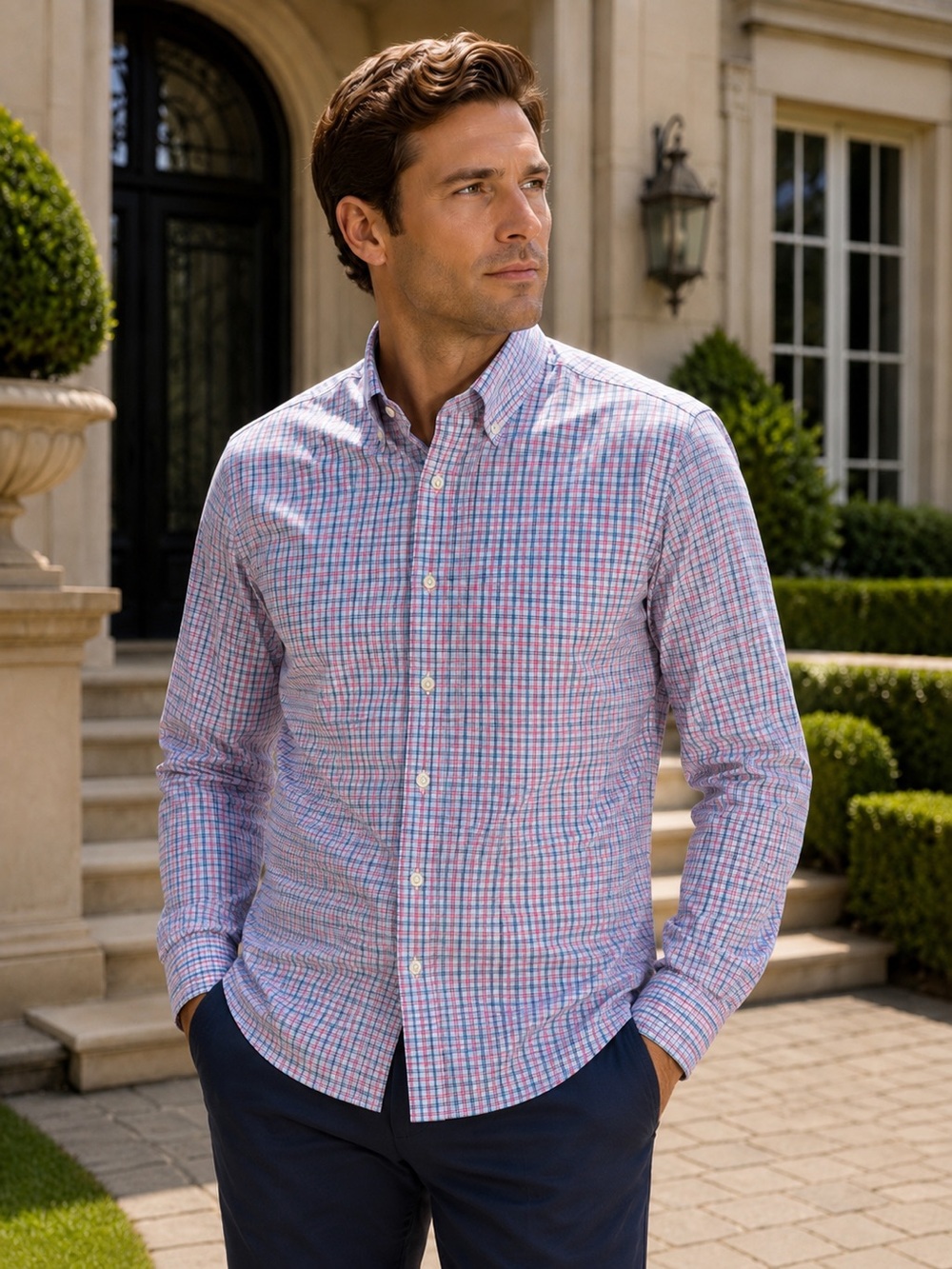BONOBOS Slim Fit Button-Down Dress Shirt – Men’s XL – Blue Pink & Navy Plaid - Picture 3 of 8